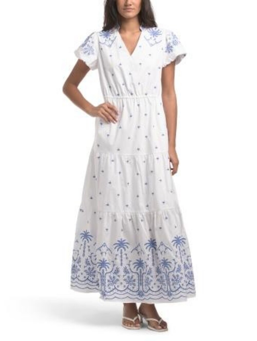 NWT - Calypso St. Barth Blue Embroidered White Cotton V Neck Maxi Dress - Size L